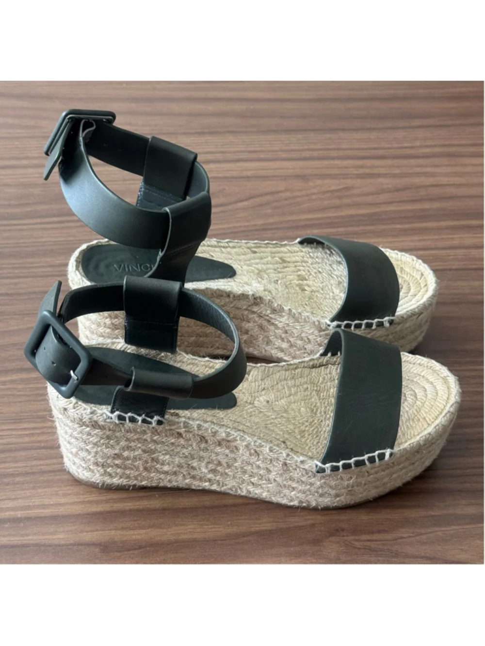 VINCE Abby Green Leather Espadrille Platform Wedge Sandals Ankle Strap Size 7